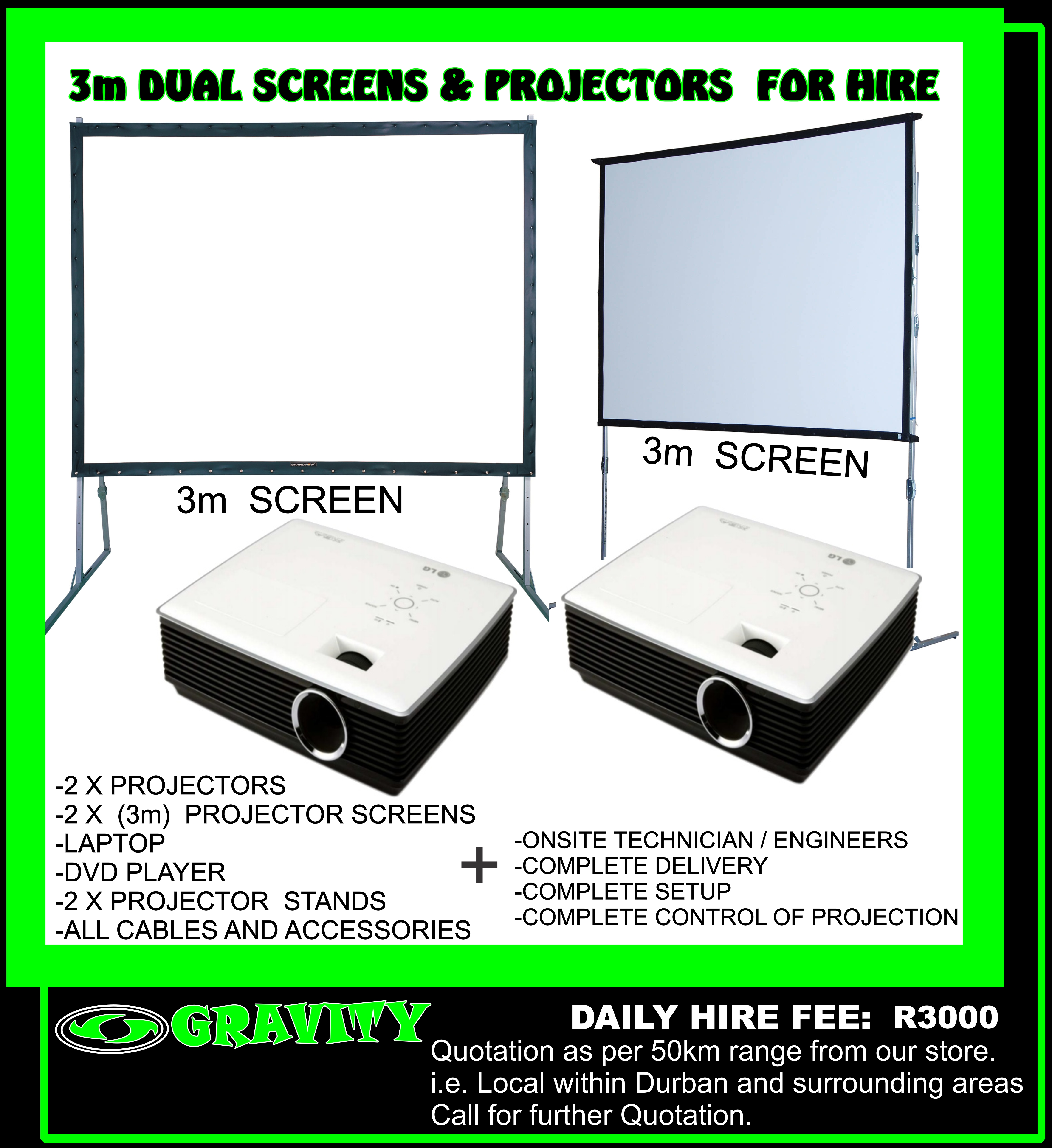 PROJECTOR AND 3m SCREEN FOR HIRE IN DURBAN IDEAL FOR A SLIDE SHOW FOR A WEDDING BIRTHDAY DEATH CEREMONY CONFERENCE SHOW EVENTS PROJECTS AND SCREEN DAY HIRE ONLY AT GRAVITY SOUND AND LIGHTING WAREHOUSE DURBAN 0315072736 PROJECTOR LAPTOP POWERPOINT PRESENTATIONS ONTO A BIG SCREEN NOW AVAILABLE AT GRAVITY DJ STORE ON A DAILY HIRE FEE 0315072463